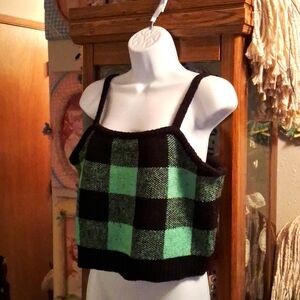 Cute,Green & Black,Plaid,Acrylic Knit,Crop Top,Sz.XL💚🖤💚